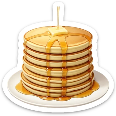 Cinematic fluffy golden pancakes, stacked high, drizzled with maple syrup, topped with fresh butter melting on top, light dusting of powdered sugar, warm and inviting, soft glow and mouthwatering. sticker