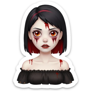 Garota zumbi com cabelo liso e mechas vermelhas na lateral da cabeça dos dois lados, usando uma blusa com manga caida preta sticker