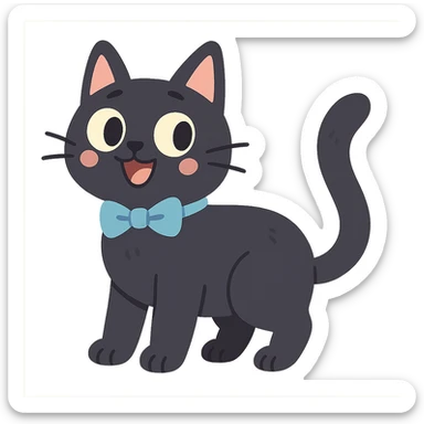 black cat with a blue bowtie collar, soft pastel illustration style sticker