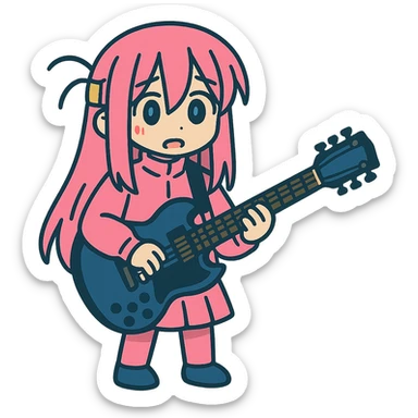 Bocchi the Rock in a pink costume with a guitar sticker