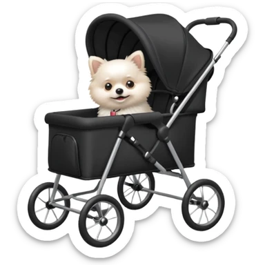 A white Pomeranian dog sits in a black baby stroller. A wheelchair with a folded roof. The image quality is ultra realistic. sticker