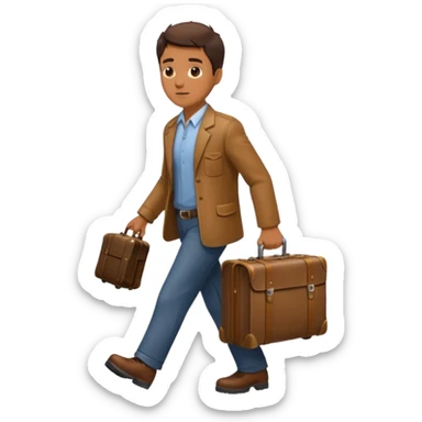 a man walking to leave, bring suitcase sticker