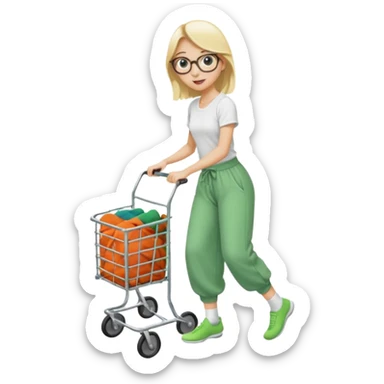 Fille blonde, pantalon d’Aladin vert. Lunettes ronde fine. Elle pousse un bac à roulette remplie de chaussettes  sticker