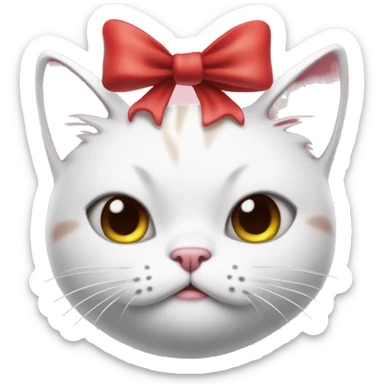 A white cartoon cat with a red bow on its left ear, looking unwell., disgusting a pink liquid sticker