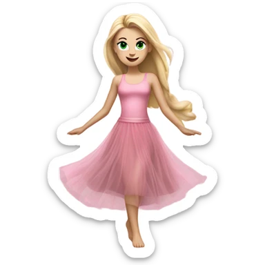 Realistic White girl with Long straight blonde hair, green eyes, tattoos, full body wearing pink tulle dress, dancing sticker