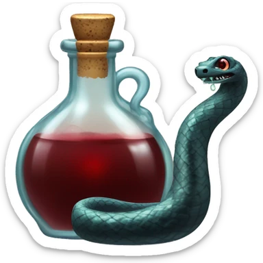 A glass potion bottle, with glittering blackish red liquid inside, and a snake coiling around the outside of the bottle. sticker