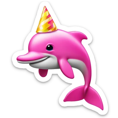 Bright pink dolphin with a party hat on sticker