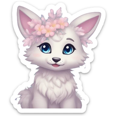 Anthro Cute Cool Blushing Pastel Innocent Shy Kawaii gorgeous sparkly ethereal fantasy anime animal creature with blue eyes furry sona with flowers and ribbons beautiful aesthetic sticker