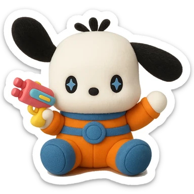 Make Pochacco hold a cute toy gun, keep him white with black ears, orange and blue space suit, plushy Popmart doll style, playful and adorable, no background sticker