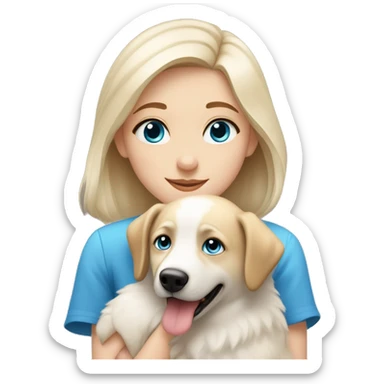 Blond girl with blue eyes cuddles a white Sheppard dog with brown eyes  sticker