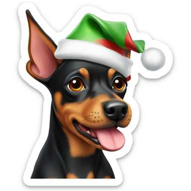 A pinscher dog with a Christmas hat sticker