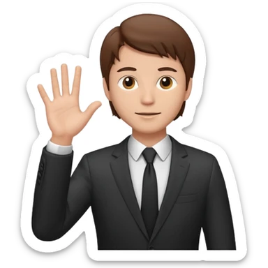 Mach mir einen Tyoen mit braunen haaren und im anzug der männlich ist der mit seiner linken hand zur seite zeigt sticker