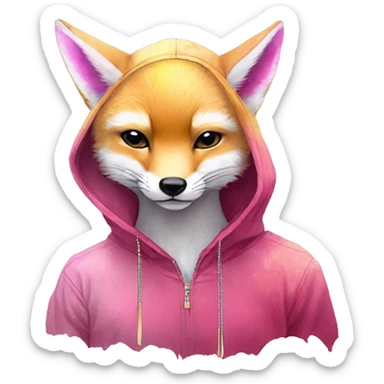 Pink magenta burgundy maroon cyan beige gray fox wearing a pink hoodie with gold jewellery gold piercings gold ear piercing gold nose piercing vintage watercolour tie dye black raven wings sticker