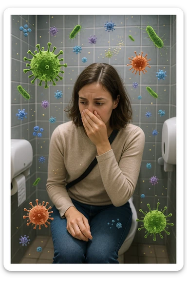 Donna che usa bagni pubblici ma in aria è pieno di virus e batteri sticker