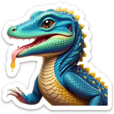 Cinematic Cute Yawning Monitor Lizard Portrait Emoji, Head tilted slightly with a dramatic, wide-open yawn, showcasing textured, patterned scales and sleepy, half-closed eyes exuding relaxed charm, Simplified yet irresistibly adorable features, highly detailed, glowing with a soft, cozy glow, high shine, relaxed yet expressive, stylized with a dash of whimsical wildness, soft glowing outline, capturing the essence of a drowsy yet affectionate reptile that appears ready to stretch out for a nap! sticker