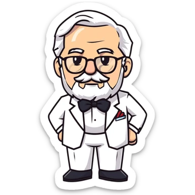Colonel Sanders KFC, old man with white hair, white goatee, black bow tie, white suit, glasses sticker