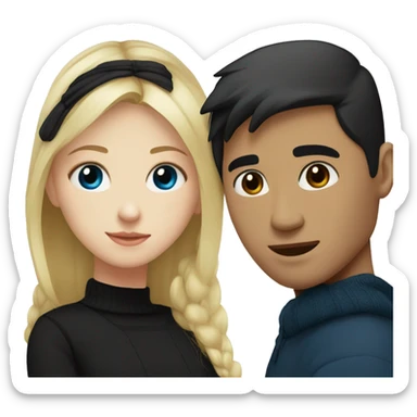 Blonde girl with blue eyes in black sweater and an east asian man with black hair and black eyes hugging sticker