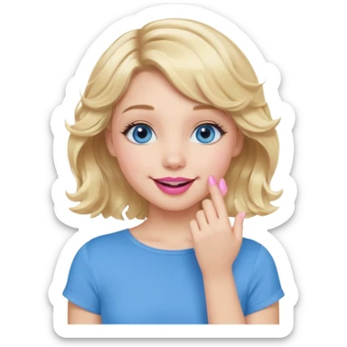 Girl Blonde short wavy hair,  blue eyes, cute blue top, long lashes, pink lips, smiling, hand covering the mouth sticker
