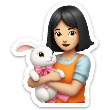 Black Short haired white girl hugging orange rabbit with pink ribbon sticker