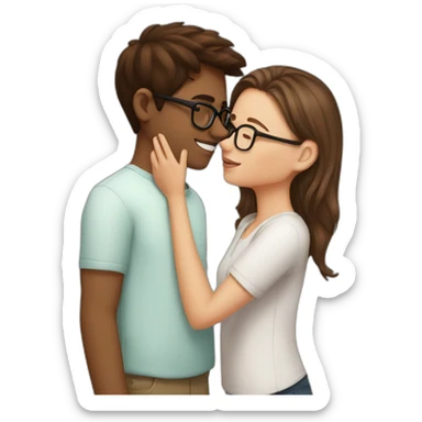White girl brown hair kissing indian boy's cheek with glasses sticker