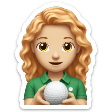 Girl with long strawberry blonde hair holding a golf ball sticker