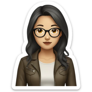 asian girl with glasses and a leather jacket with a  khaki shirt and long dark hair sticker