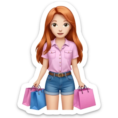 Chica con cabello cobrizo largo short de jeans blusa blanca y bolsas de compras rosas sticker