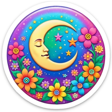 A round psychedelic colored button with a rainbow colored damask style moon and hippie flowers in the center sticker