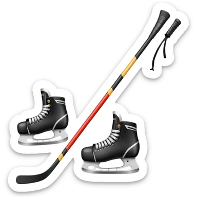 Please, make An icon featuring close-up shots of key hockey equipment: a hockey stick, puck, and skates. The background shows a packed stadium with cheering fans, bright arena lights, and an icy rink. Transparent background highlights the essentials of the game and the thrill of the sport. sticker