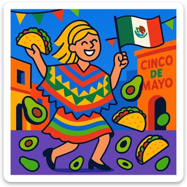 festive Cinco de Mayo cartoon of a tall blonde woman, smiling, wearing a colorful poncho, holding a taco and an avocado, waving a Mexico flag, dancing in the street, surrounded by tacos and avocados, lively street party background, bright and bold colors sticker