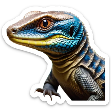 Cinematic Realistic Comical Monitor Lizard Portrait Emoji, Head tilted dramatically with an exaggeratedly amused expression, featuring a striking, glossy scaled hide with bold, angular textures and wide, expressive eyes full of playful disbelief, rendered with lifelike precision and natural vibrant hues, high shine, dramatic yet playful, styled with an air of cheeky wilderness mischief, soft glowing outline, capturing the essence of a spirited and over‐the‐top monitor lizard that looks ready to scurry its way into viral fame! sticker