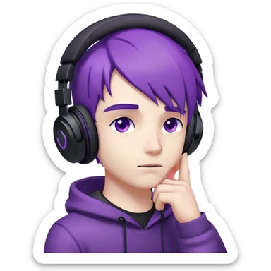 a cute guy with purple eyes, purple hair, purple-black gaming headphones on his head, thoughtful, raised his head a little to the side and up, his hand under his chin, the guy was thinking about the situation sticker