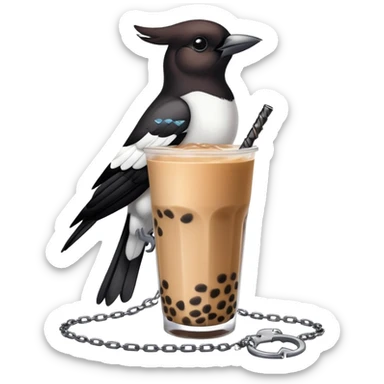 A living boba tea with a magpie that’s wearing a chain nexklace  sticker
