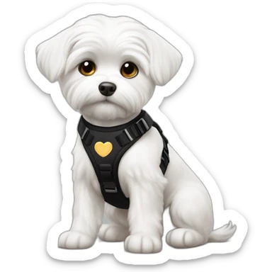 maltese dog short haired love cheese wearing a black harness sticker