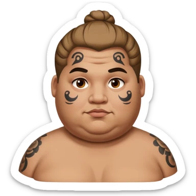 obese man with lots of face tattoo and hair bun sticker