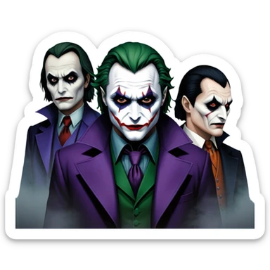 Thriller Movie Icon: A dark, intense collage with close-up images of iconic thriller characters like 1 Joker, 1 Hannibal Lecter, and 1 Vlad Dracula. The background features a moody Gotham City skyline, with shadowy figures and fog. Atmospheric, suspenseful tone. Transparent background. sticker