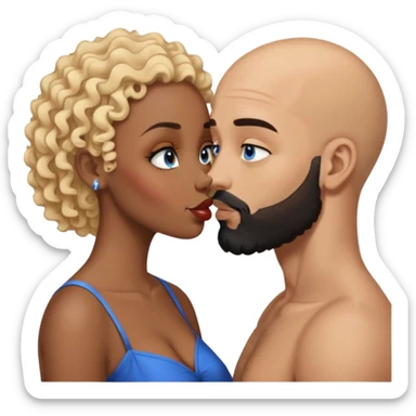 bald head man with brown eyes and black beard kissing African woman with blue eyes and curly blonde hair sticker