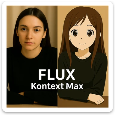 same similar image but chnage the text to "Flux Kontext Max", change people and pose too sticker