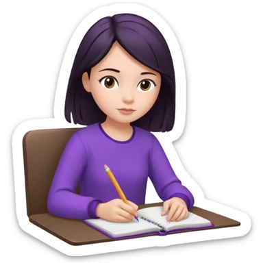 girl sitting, writing in a notebook, dark hair, dressed in purple clothes sticker
