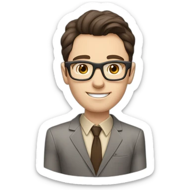 Pale skinned fit man with dark brown hair in gray jacket, beige office shirt, brown tie, brown pants and vintage glasses Writing text on a marker board sticker