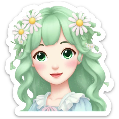 Gorgeous pastel anime style lady with blushing face and daisies cottagecore fairycore pastelcore colorful pearly romantic simplistic aesthetic trending style sticker