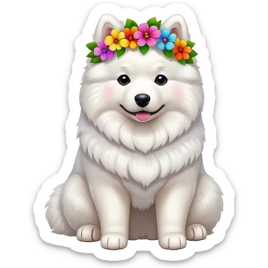 Full body photo of a Samoyed with many flowers on its head sticker