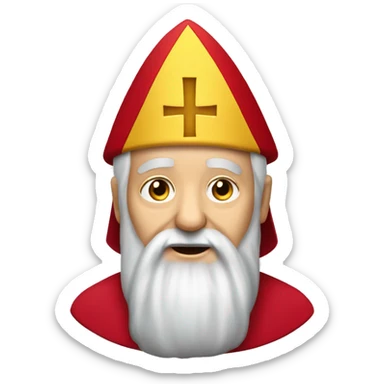 An older bishop with long white beard in a red tunica and a red mitre with a yellow cross  sticker