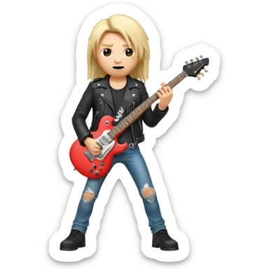 3D Apple-style emoji of a metal musician holding an electric guitar with a bold "ROCK" sign above. Long hair, black leather jacket, ripped jeans, intense expression. Rounded, glossy, smooth, soft shadows, white background.











 sticker