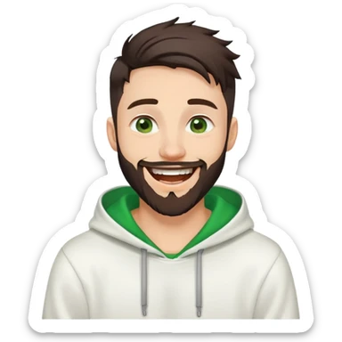 laughing guy with white hoodie, green eyes, dark brown undercut hairstyle and a short full beard sticker
