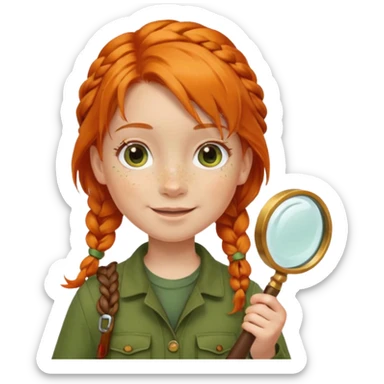 braid orange haired girl kid in moss green explorer outfit, holding magnifying glass, smile sticker