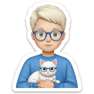 A boy wearing a sweatshirt and glasses holding a white cat sticker
