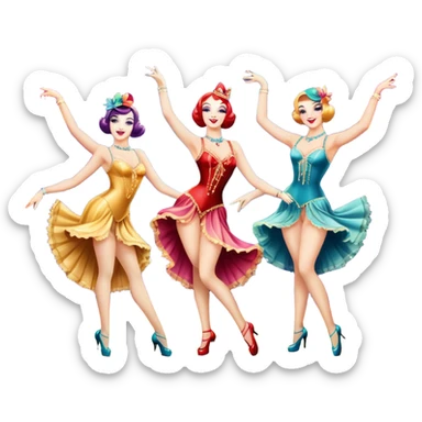 A vintage movie poster-style design inspired by Moulin Rouge. Include glamorous cabaret dancers in extravagant costumes, a colorful stage, sparkling lights, and a sense of drama. The atmosphere should be vibrant, with musical notes in the air. Retro cinematic style. Transparent background. sticker