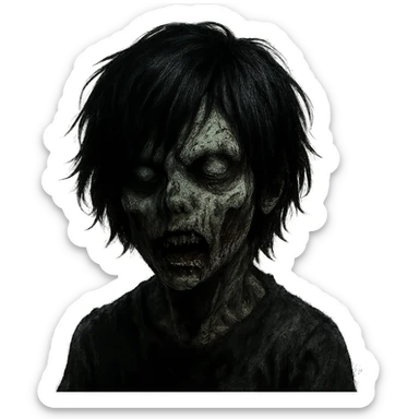 boy zombie with black medium-long emo shaggy hair, dark and spooky, creepy expression sticker