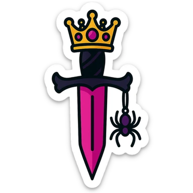 gothic knife, black and pink, with jeweled crown and spider charm, vibrant toon style sticker